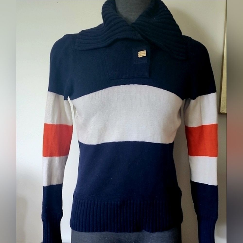 Ralph Lauren RL VINTAGE Y2K Navy Blue White STRIPE Women Knit Sweater Medium